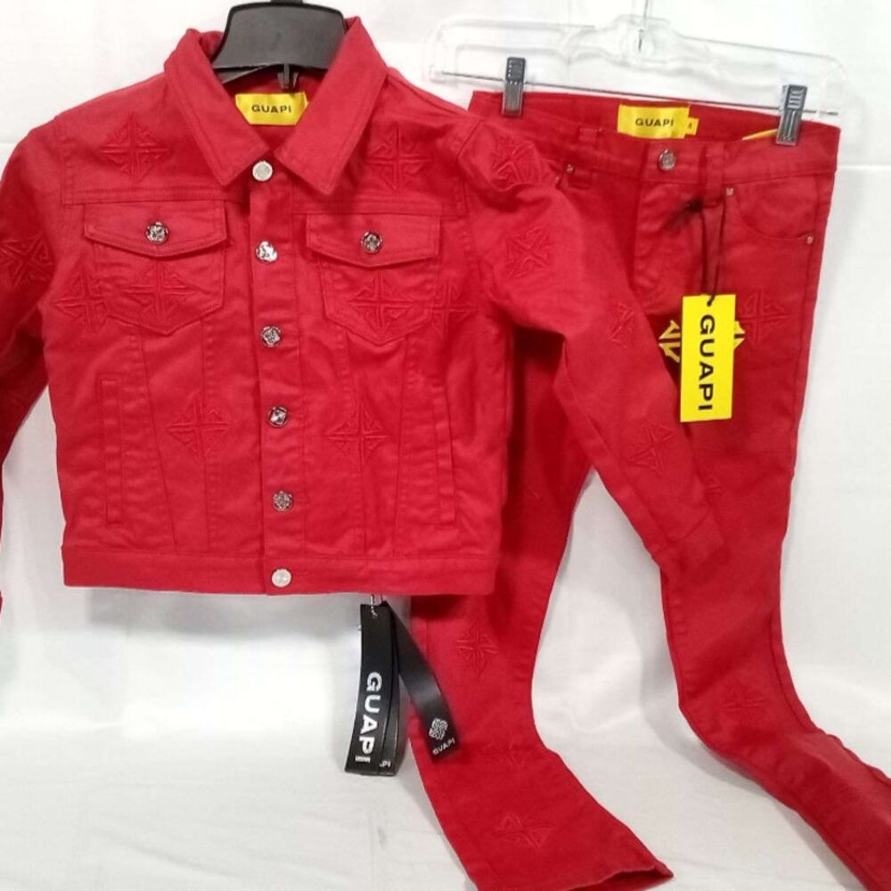 Guapi Long Sleeve Denim Jacket & Pants Set – Red Size: 8 2-Piece NWT